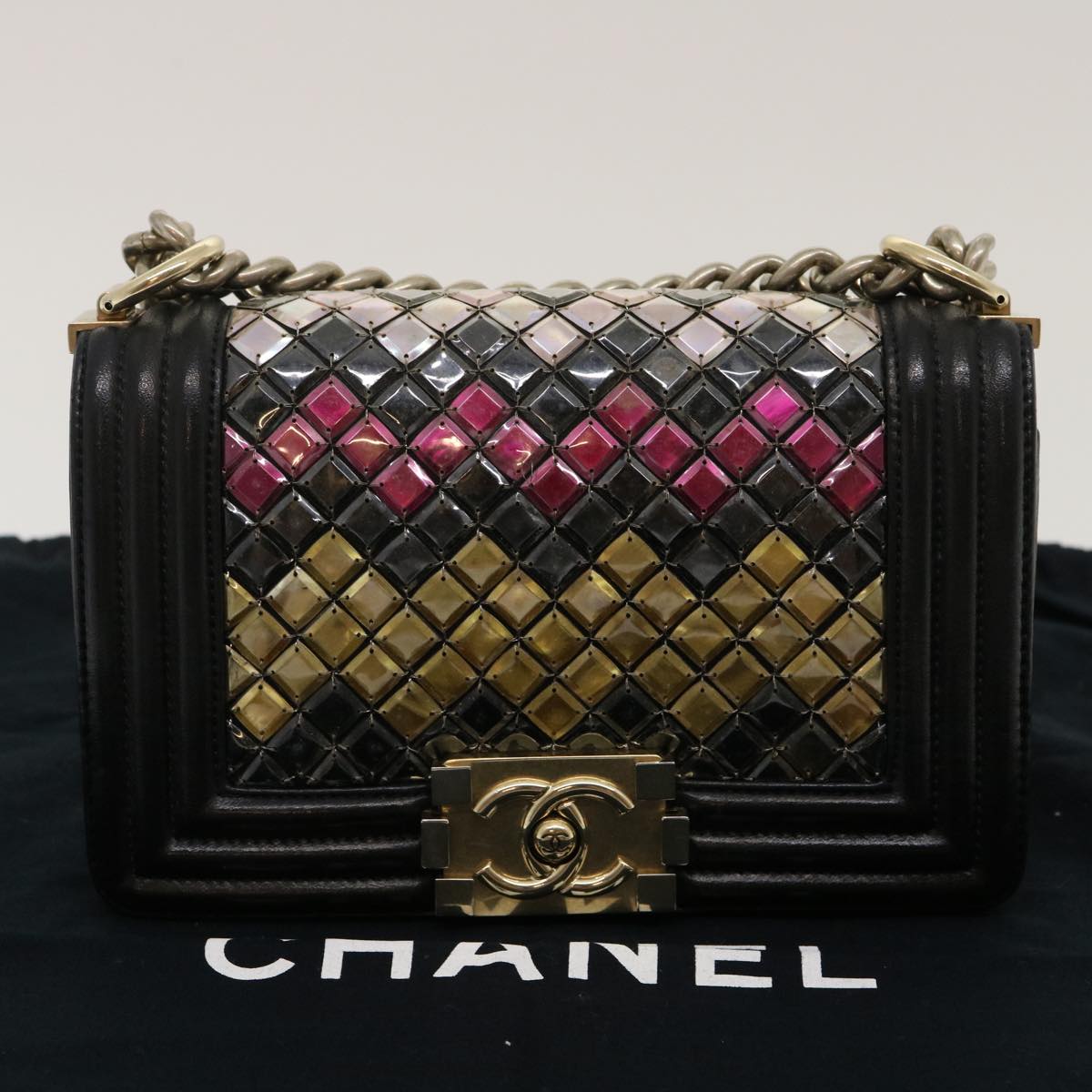 CHANEL Boy  Chain Shoulder Bag Tile Black Multicolor CC Auth 29551A