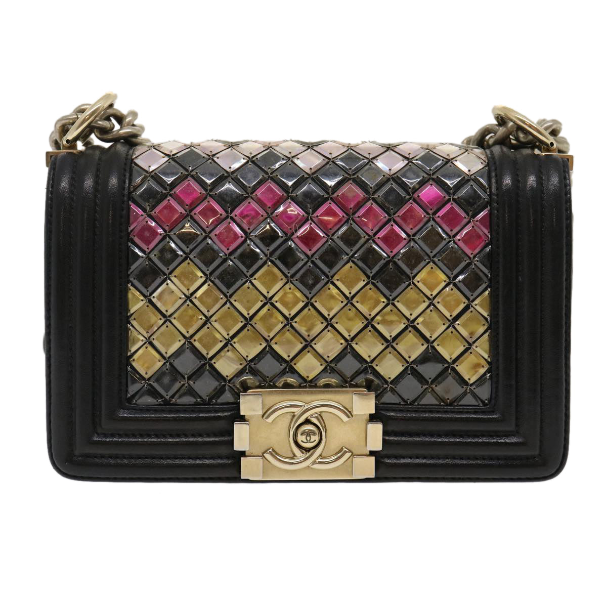 CHANEL Boy  Chain Shoulder Bag Tile Black Multicolor CC Auth 29551A