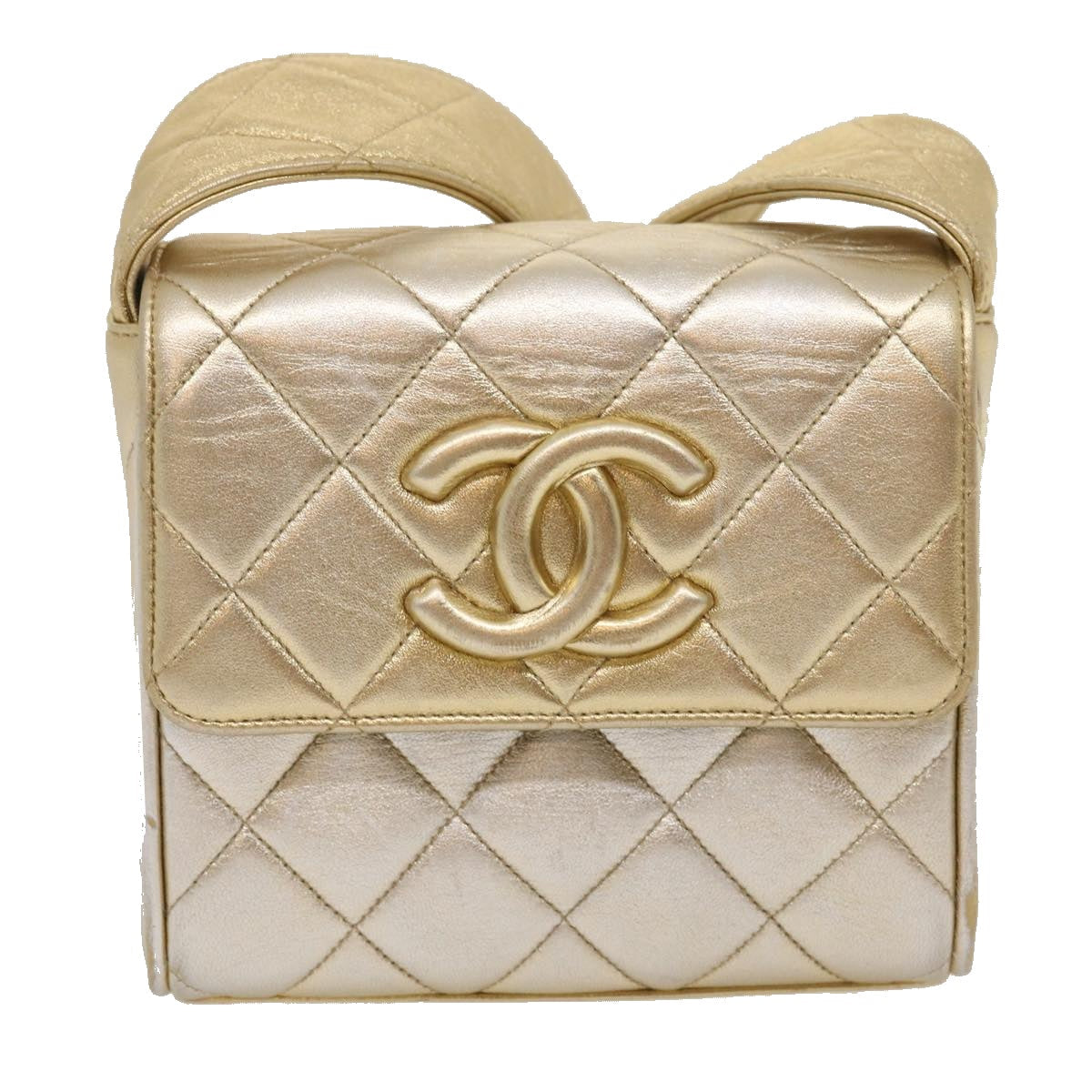 CHANEL Matelasse Shoulder Bag Lamb Skin Gold CC Auth 29567A