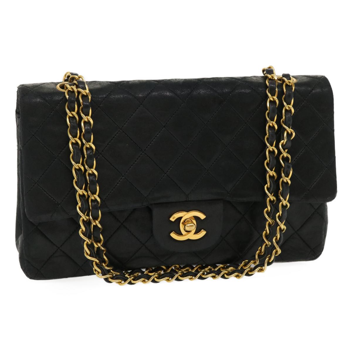 CHANEL Classic Matelasse 25 Chain Flap Shoulder Bag Lamb Skin Black Auth 29592A