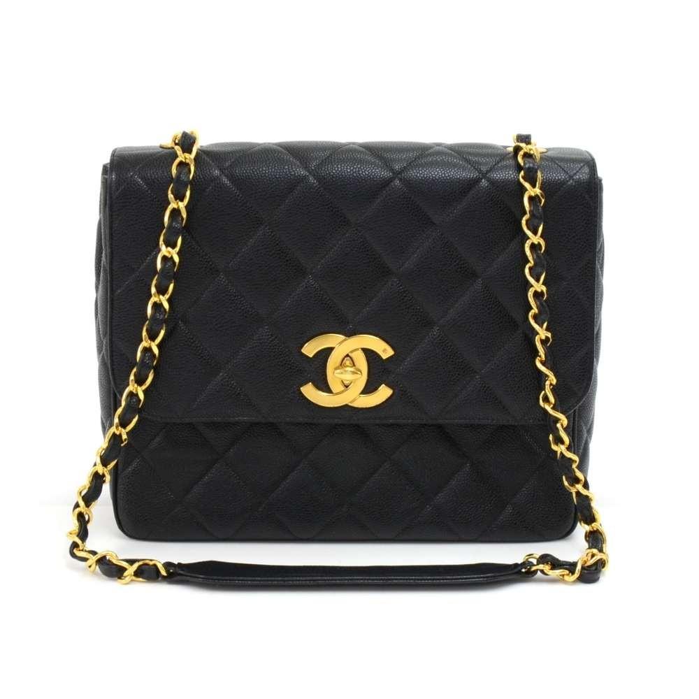 Large Single Flap Quilted Caviar Leather Shoulder Bag