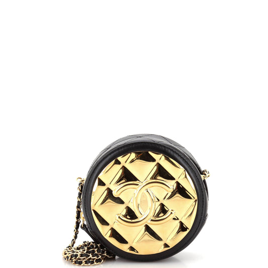 Golden Plate Round Clutch with Chain Quilted Metal and Lambskin Mini