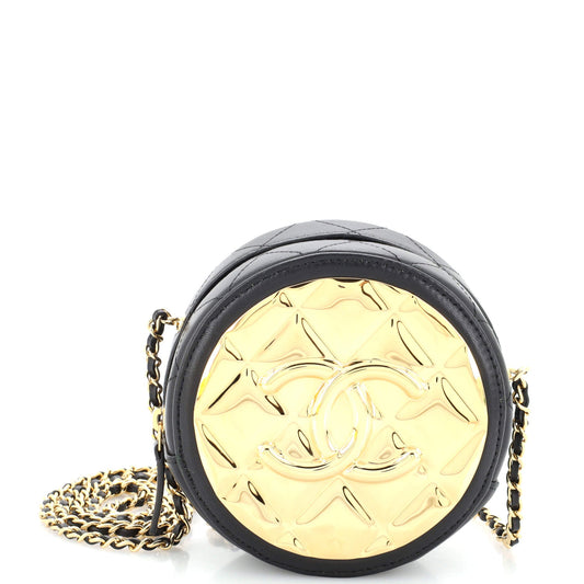 Golden Plate Round Clutch with Chain Quilted Metal and Lambskin Mini