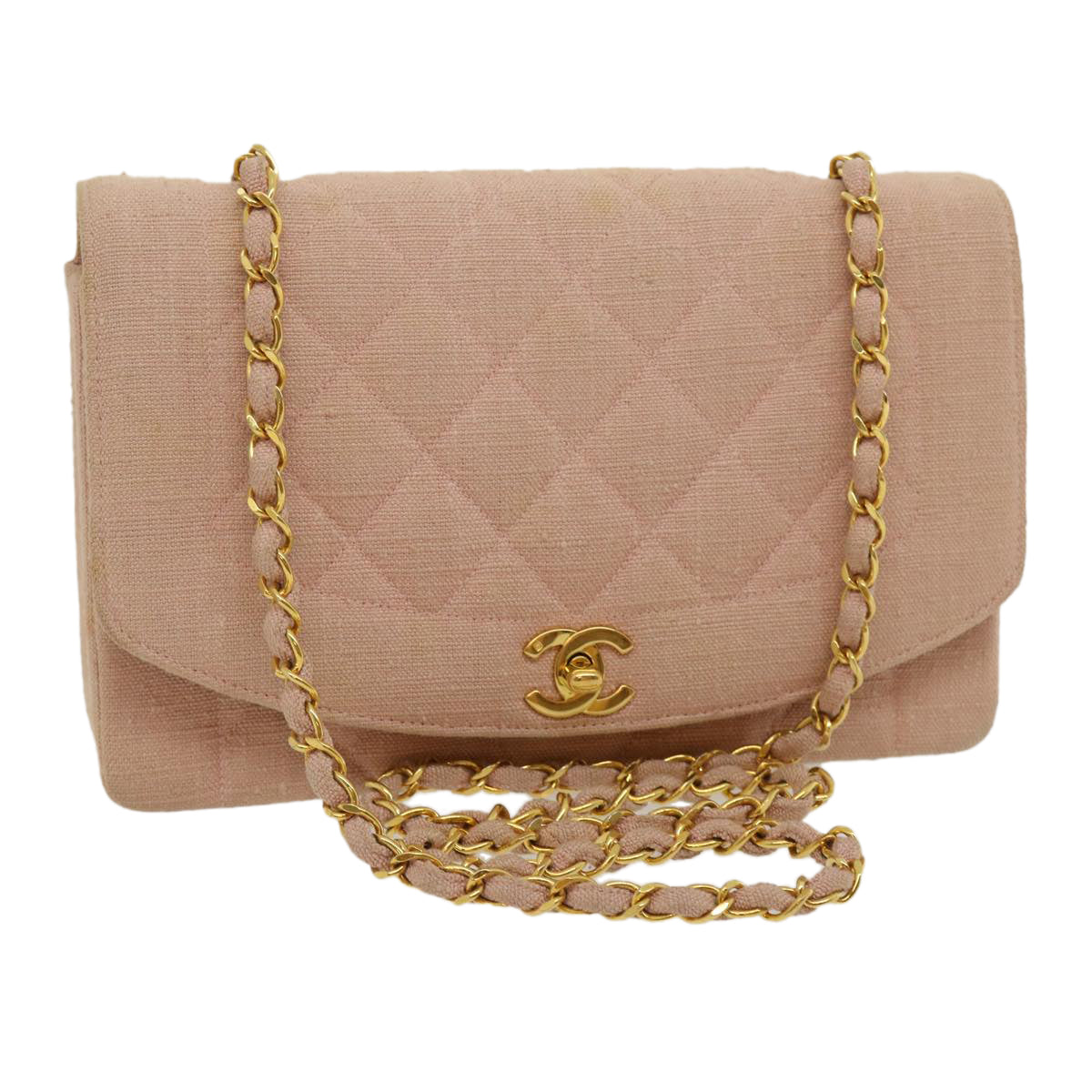 CHANEL Matelasse Turn Lock Chain Diana Shoulder Bag Canvas Pink CC Auth 29889A