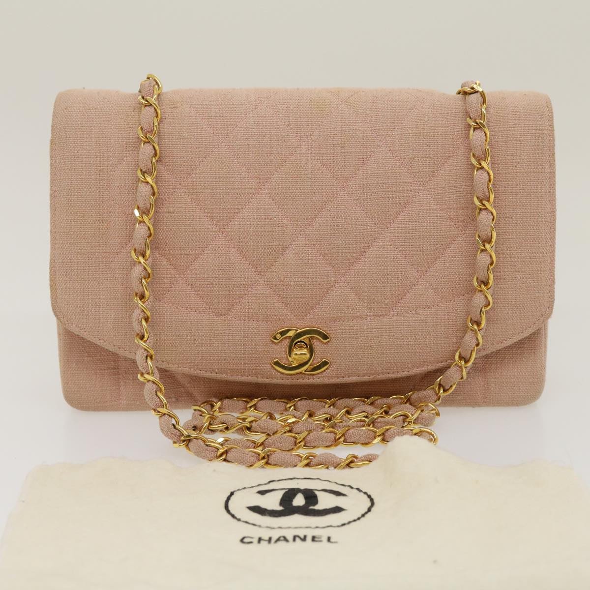 CHANEL Matelasse Turn Lock Chain Diana Shoulder Bag Canvas Pink CC Auth 29889A