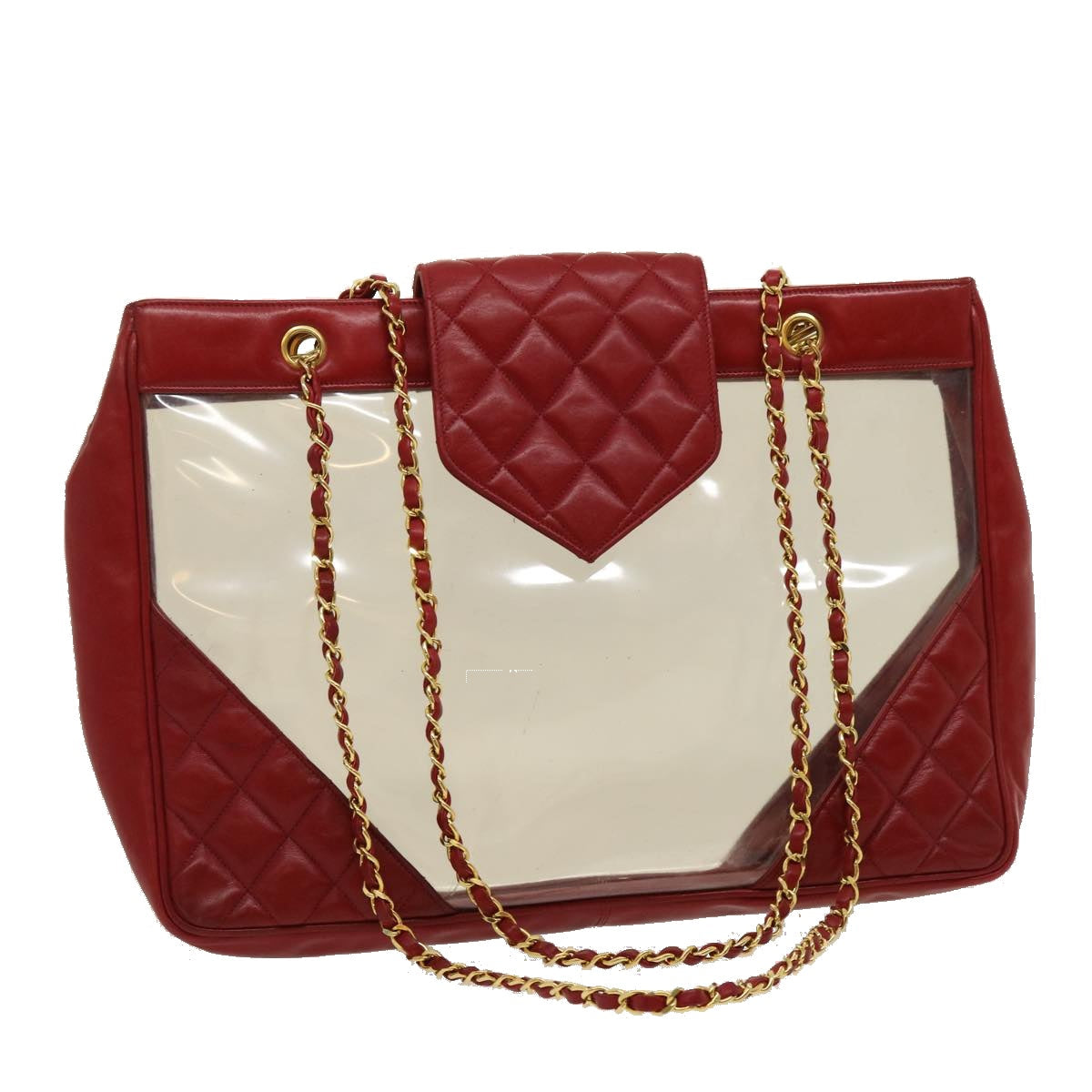 CHANEL Matelasse Chain Shoulder Bag Lamb Skin Enamel Red Clear CC Auth 29894A