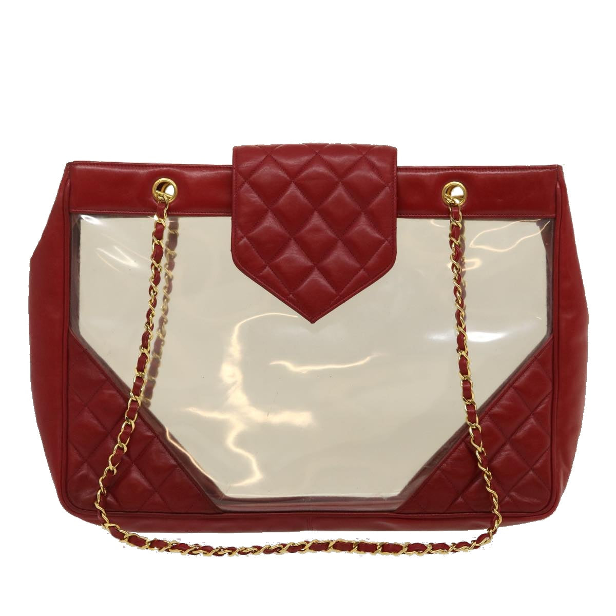 CHANEL Matelasse Chain Shoulder Bag Lamb Skin Enamel Red Clear CC Auth 29894A