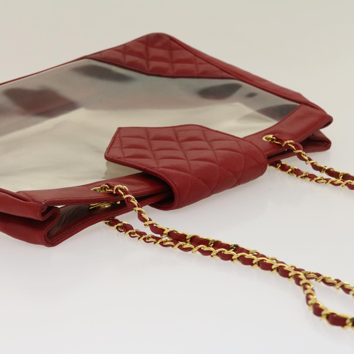 CHANEL Matelasse Chain Shoulder Bag Lamb Skin Enamel Red Clear CC Auth 29894A