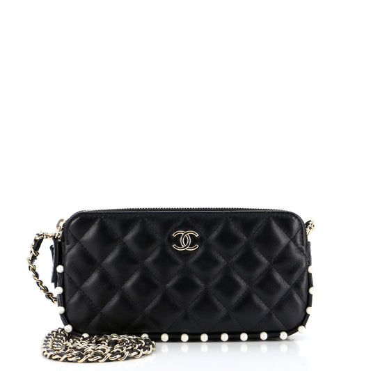 Double Zip Clutch with Chain Quilted Calfskin with Pearl Detail