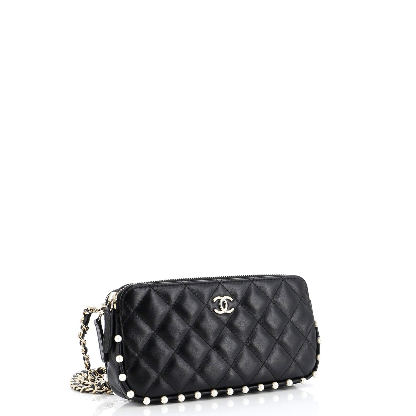 Double Zip Clutch with Chain Quilted Calfskin with Pearl Detail