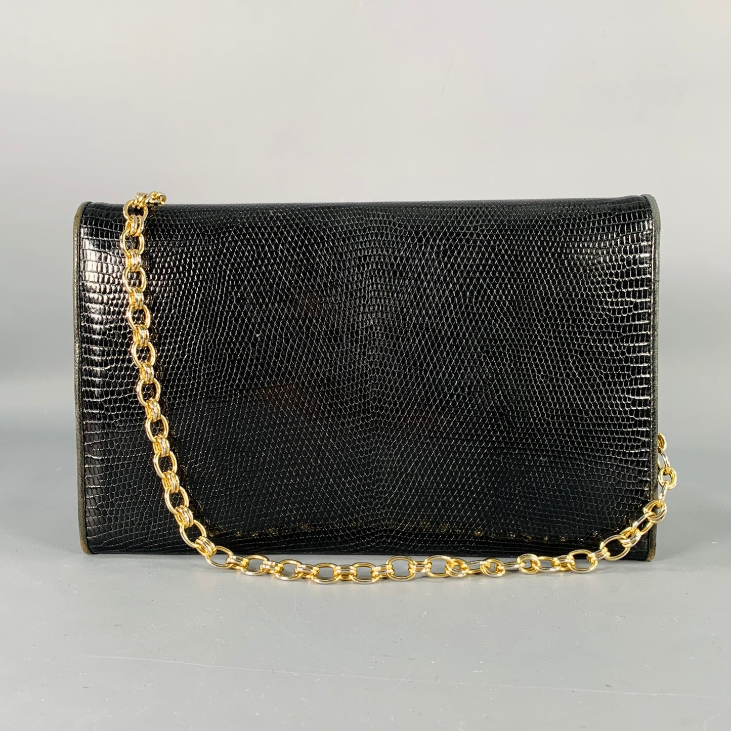 CHANEL Rare Vintage Late-1980s Black Gold Lizard Leather Cross Body Clutch Handbag