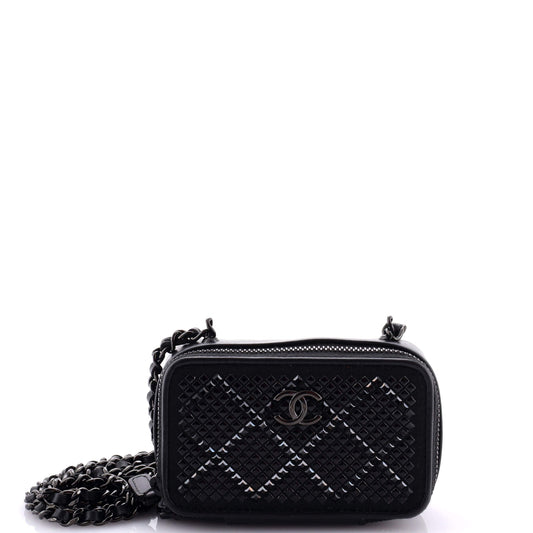 So Black Zip Around Vanity Clutch with Chain Strass Embellished Satin with Leather
