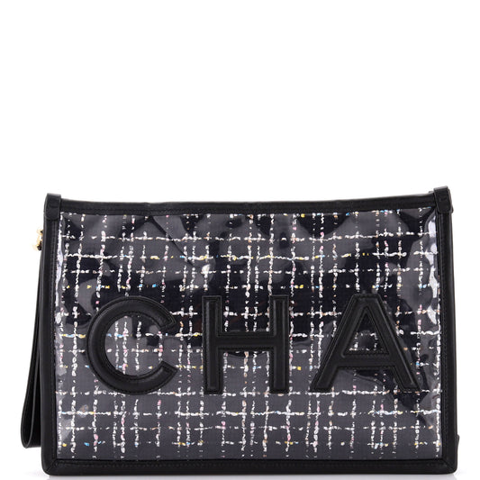 Logo Wristlet Clutch PVC Over Quilted Tweed Large
