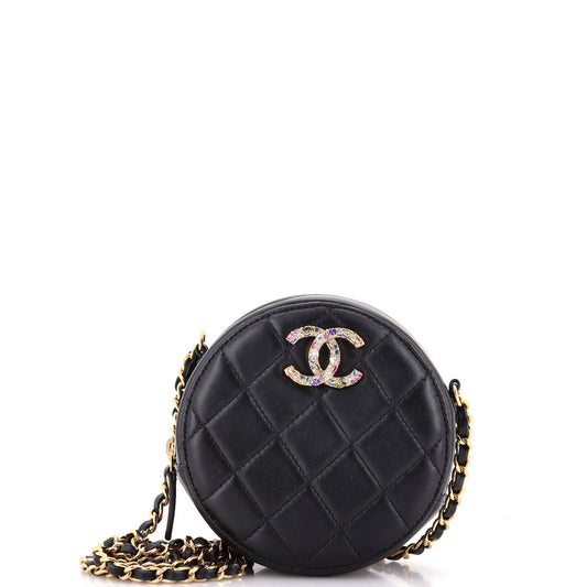 Round Clutch with Chain Quilted Lambskin with Zirconium