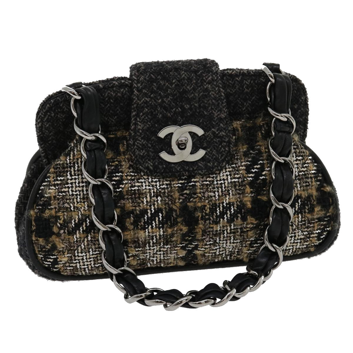 CHANEL Turn Lock Chain Shoulder Bag Wool Gray CC Auth 30734A