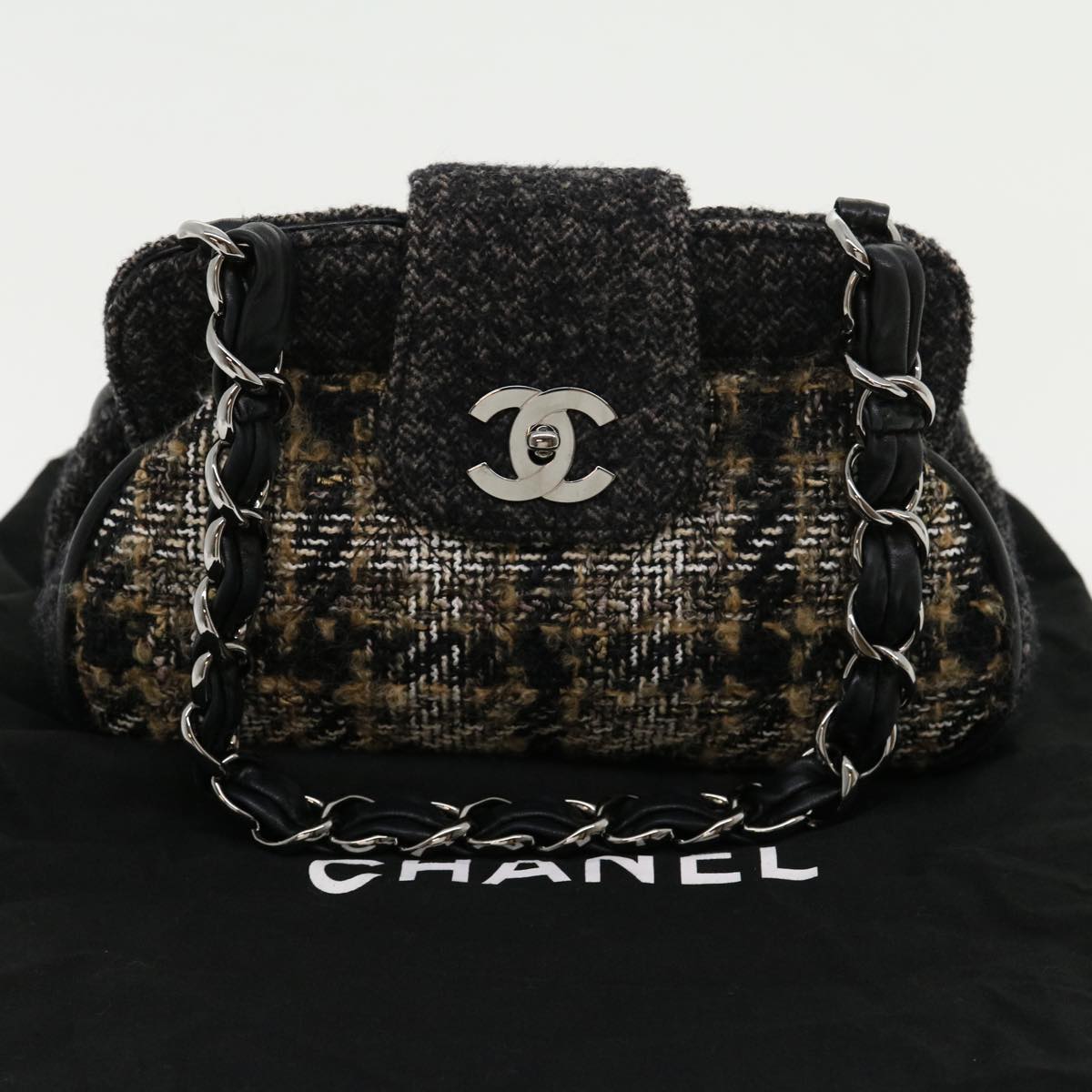 CHANEL Turn Lock Chain Shoulder Bag Wool Gray CC Auth 30734A