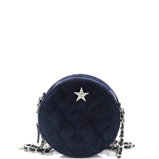 Star Round Clutch with Chain Quilted Suede with Crystal Embellished Charms