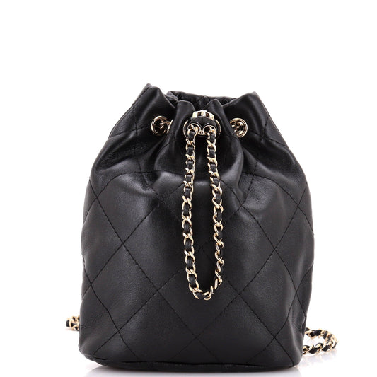 Logo Script Drawstring Chain Backpack Quilted Shiny Lambskin Small