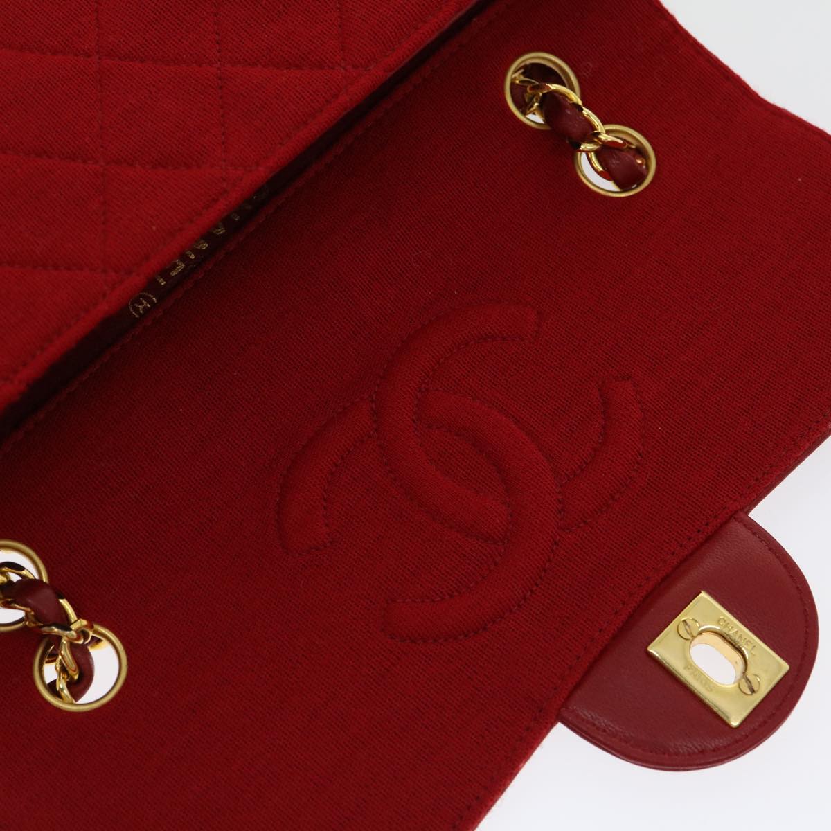 CHANEL Matelasse Double Chain Shoulder Bag Cotton Leather Red CC Auth 30896A