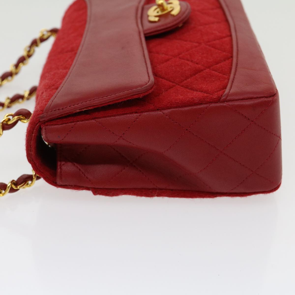 CHANEL Matelasse Double Chain Shoulder Bag Cotton Leather Red CC Auth 30896A