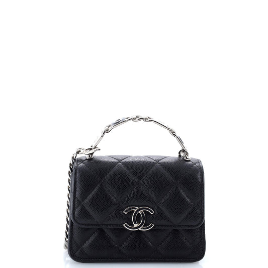 Coco Enamel Top Handle Flap Clutch with Chain Quilted Caviar