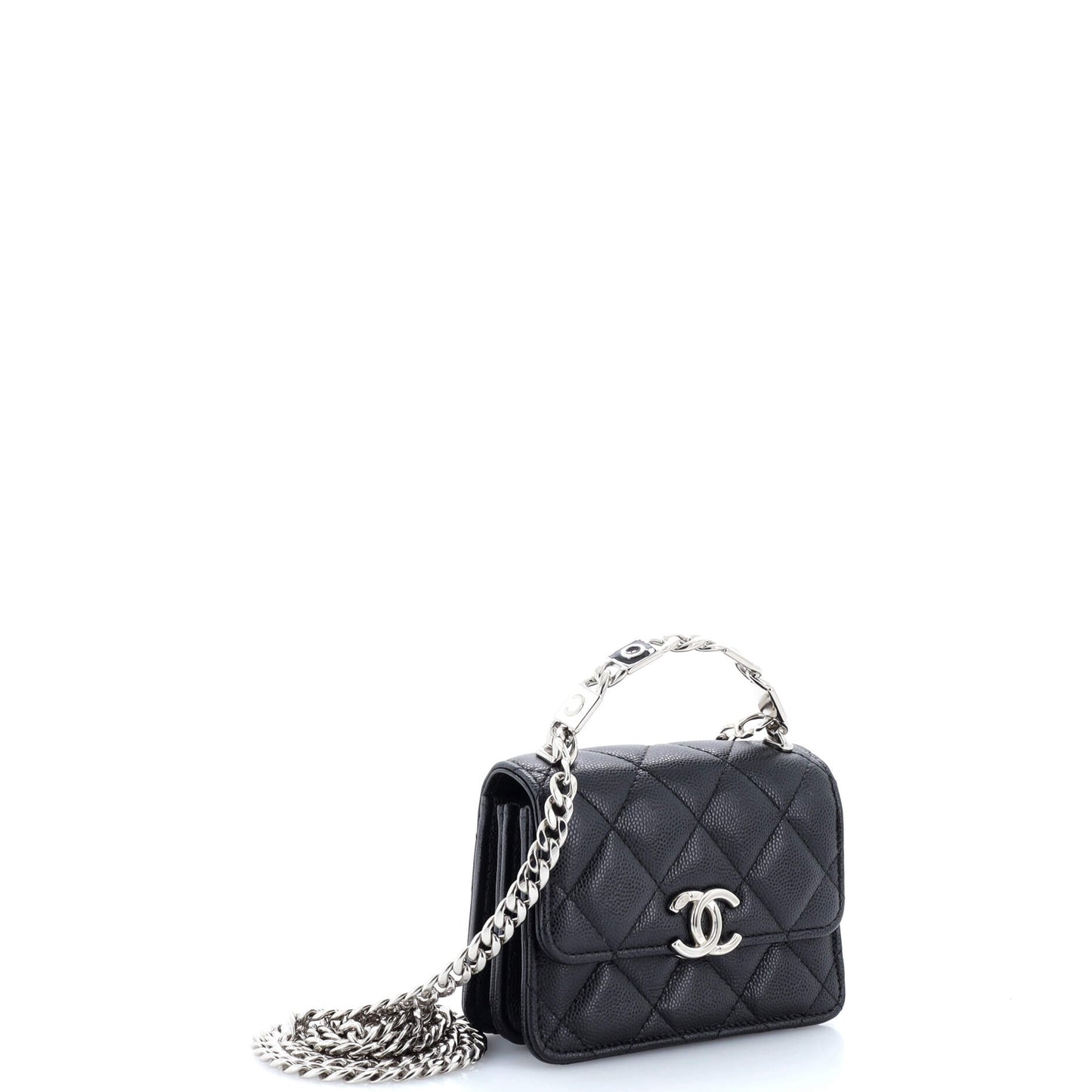 Coco Enamel Top Handle Flap Clutch with Chain Quilted Caviar
