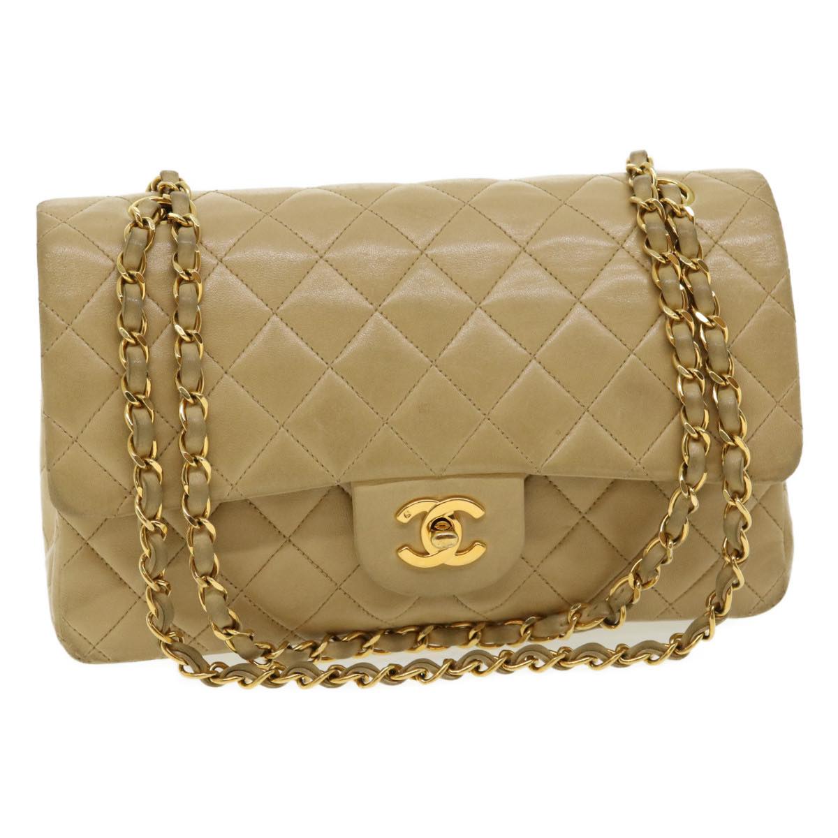 CHANEL Classic Matelasse 25 Chain Flap Shoulder Bag Lamb Skin Beige Auth 31229A