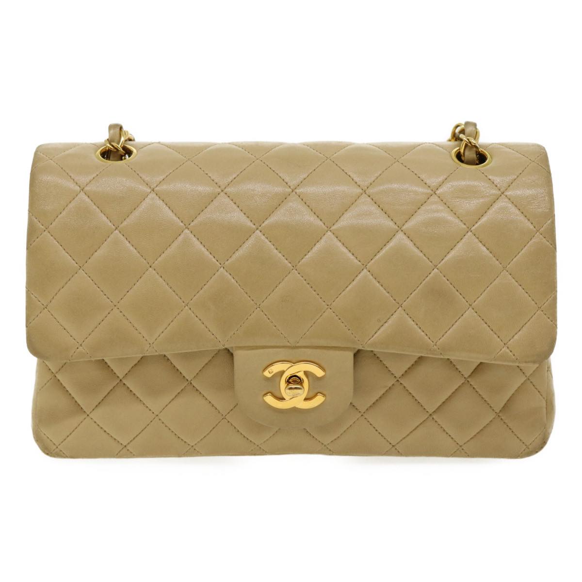 CHANEL Classic Matelasse 25 Chain Flap Shoulder Bag Lamb Skin Beige Auth 31229A