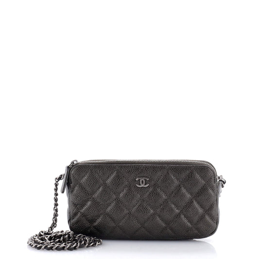 Double Zip Clutch with Chain Quilted Iridescent Caviar