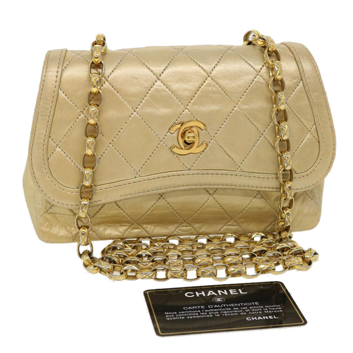 CHANEL Matelasse Turn Lock Chain Shoulder Bag Lamb Skin Gold CC Auth 31382A