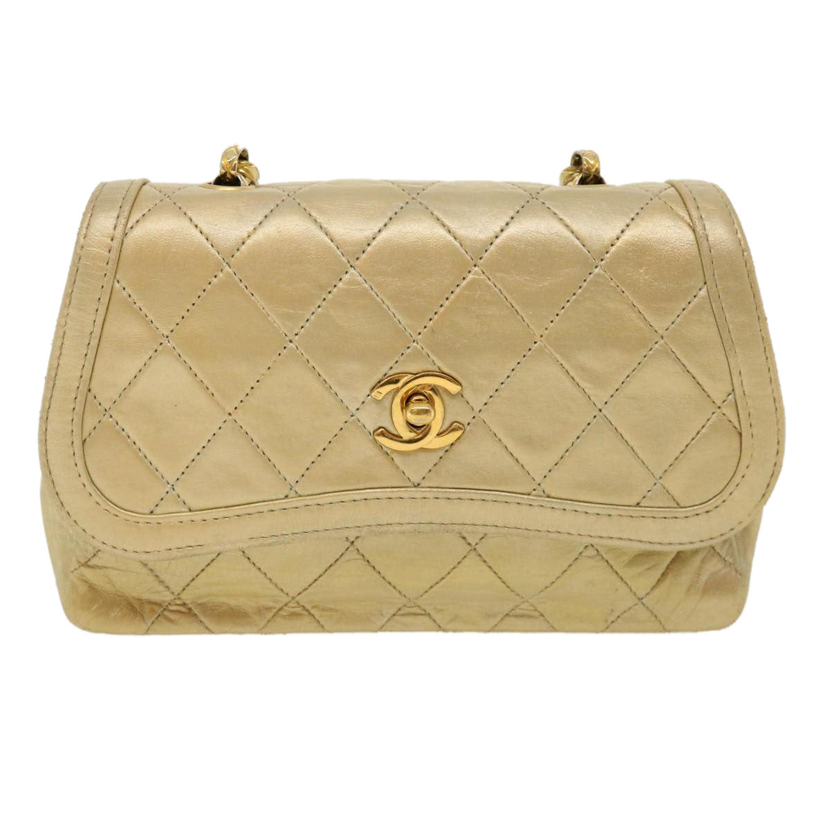 CHANEL Matelasse Turn Lock Chain Shoulder Bag Lamb Skin Gold CC Auth 31382A