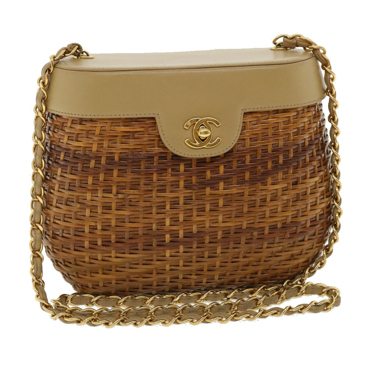 CHANEL Basket Chain Shoulder Bag Leather rattan Brown CC Auth 31896A