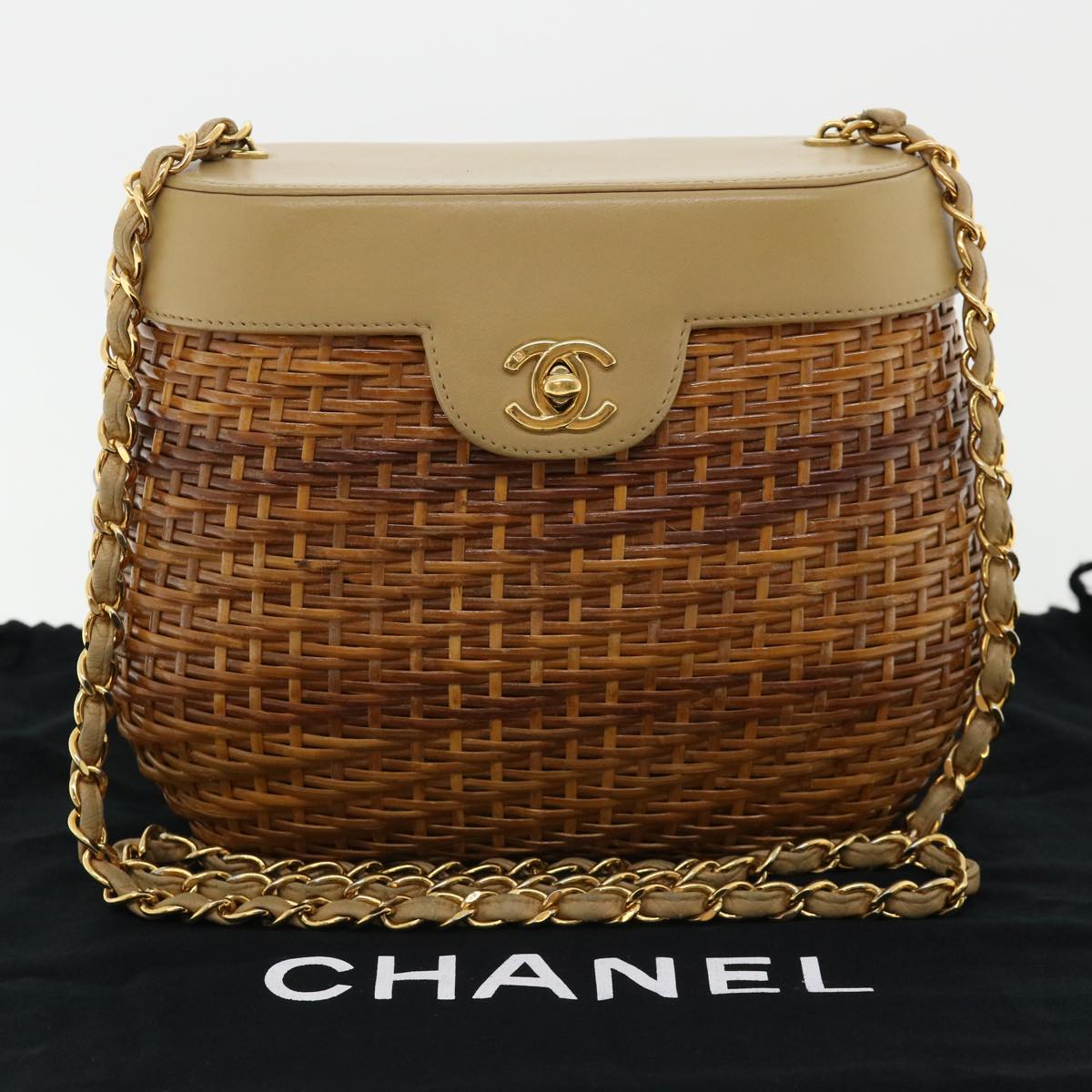 CHANEL Basket Chain Shoulder Bag Leather rattan Brown CC Auth 31896A