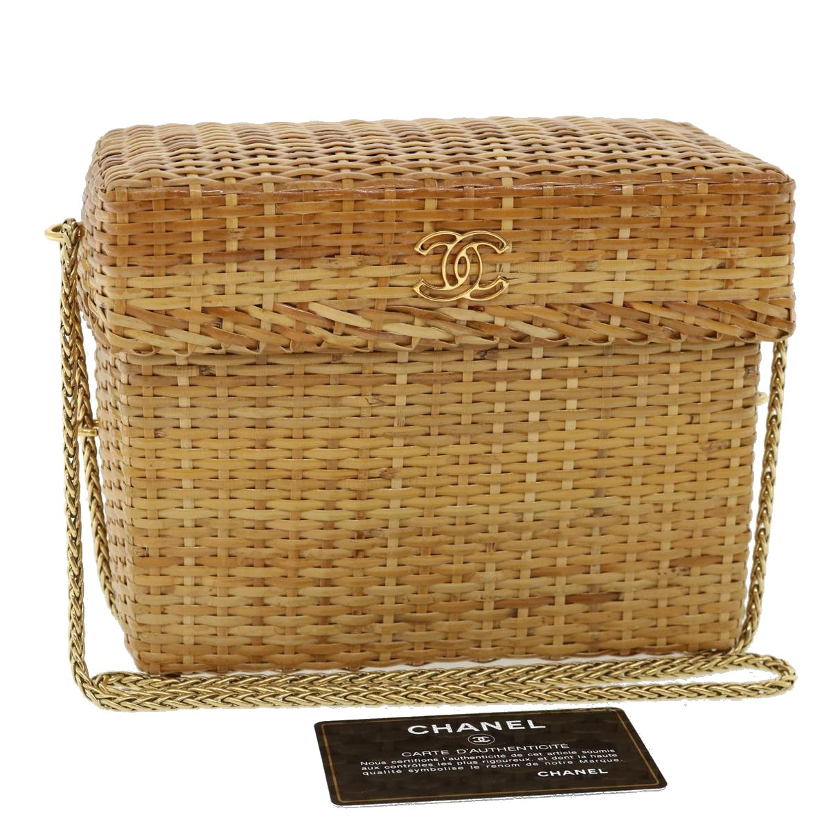 CHANEL Basket Chain Shoulder Bag Leather rattan Beige CC Auth 31932A