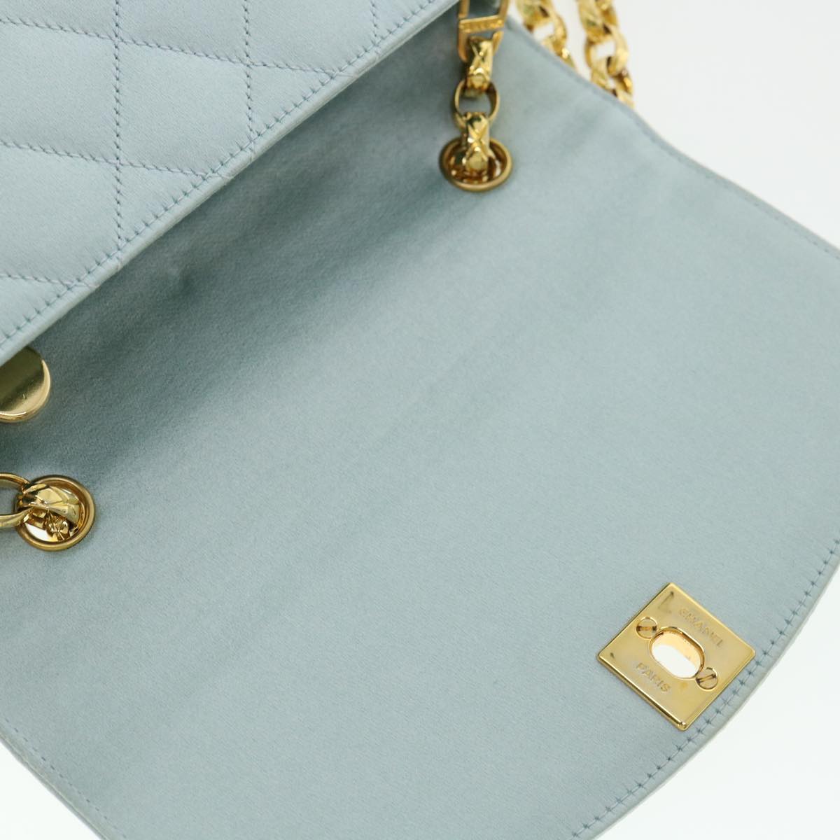 CHANEL Diana Matelasse Shoulder Bag Satin Light Blue CC Auth 33325A