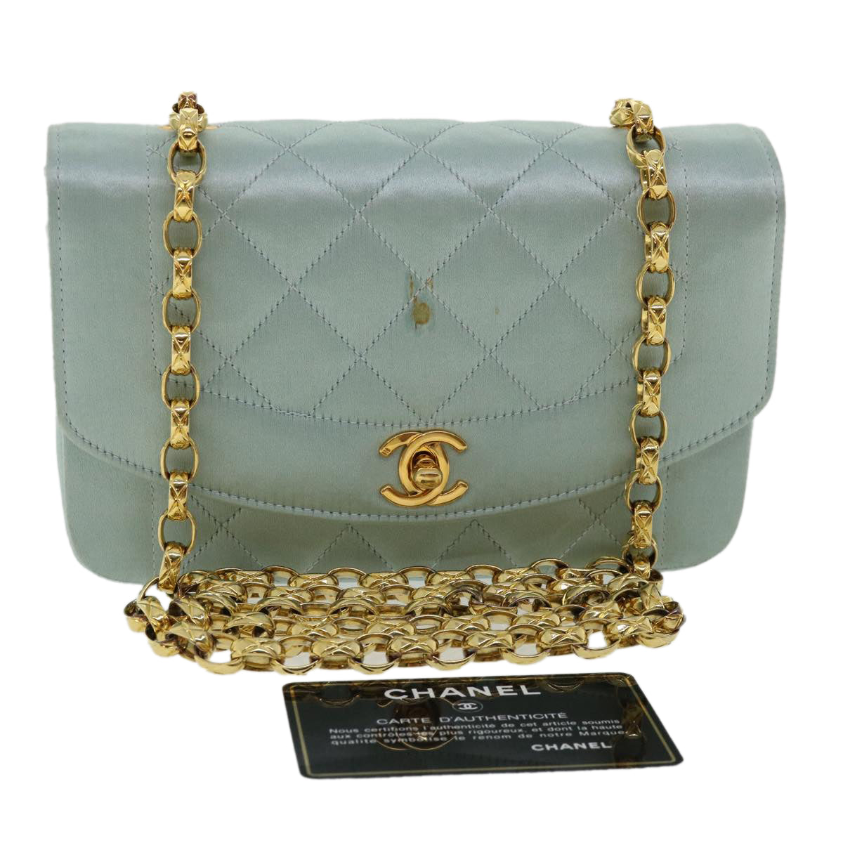 CHANEL Diana Matelasse Shoulder Bag Satin Light Blue CC Auth 33325A