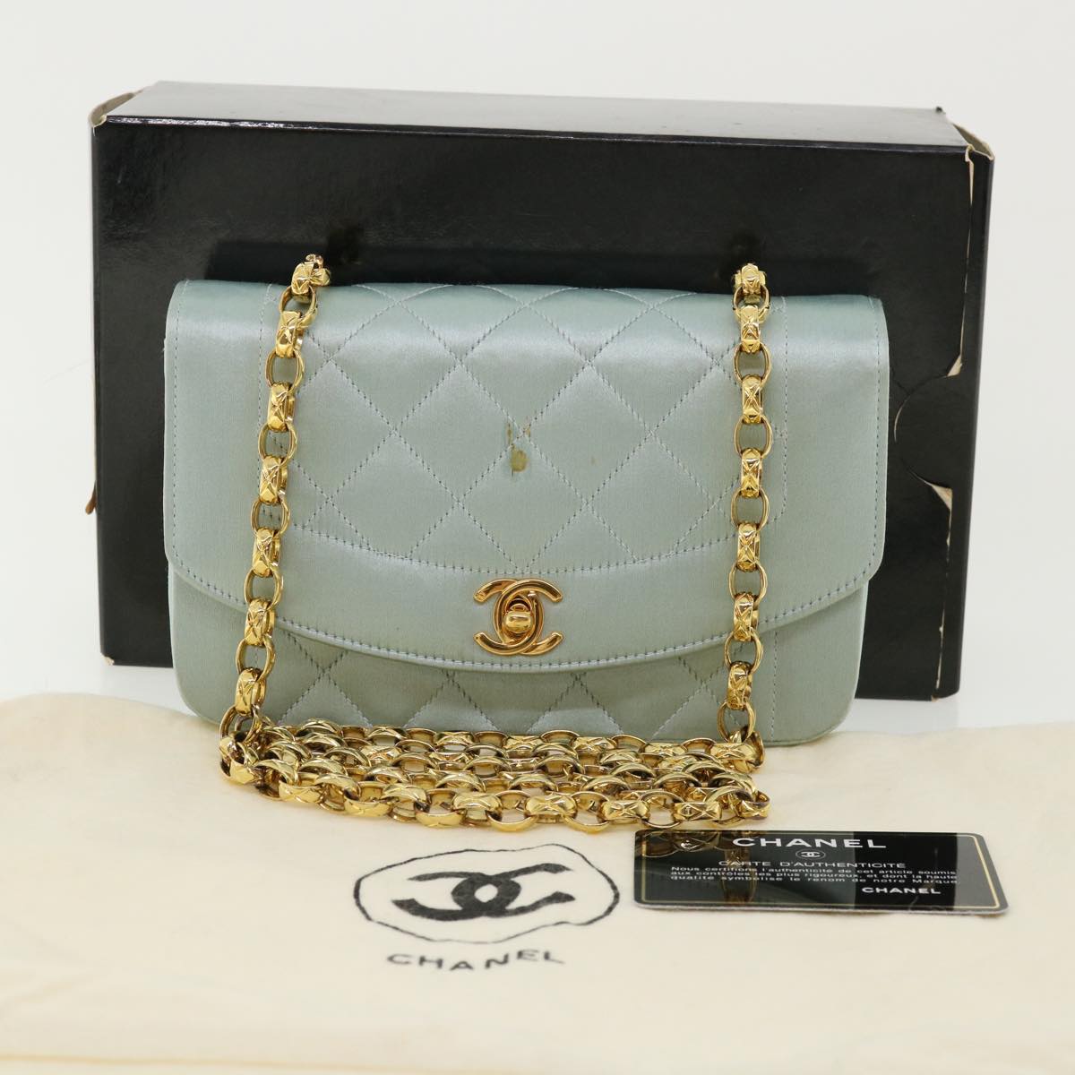 CHANEL Diana Matelasse Shoulder Bag Satin Light Blue CC Auth 33325A