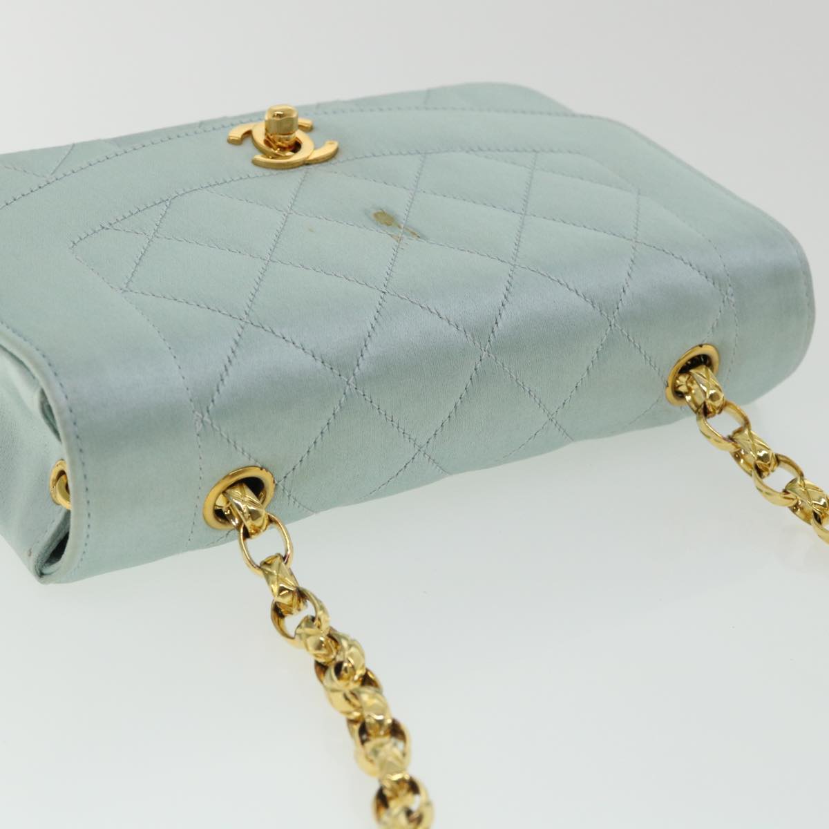 CHANEL Diana Matelasse Shoulder Bag Satin Light Blue CC Auth 33325A