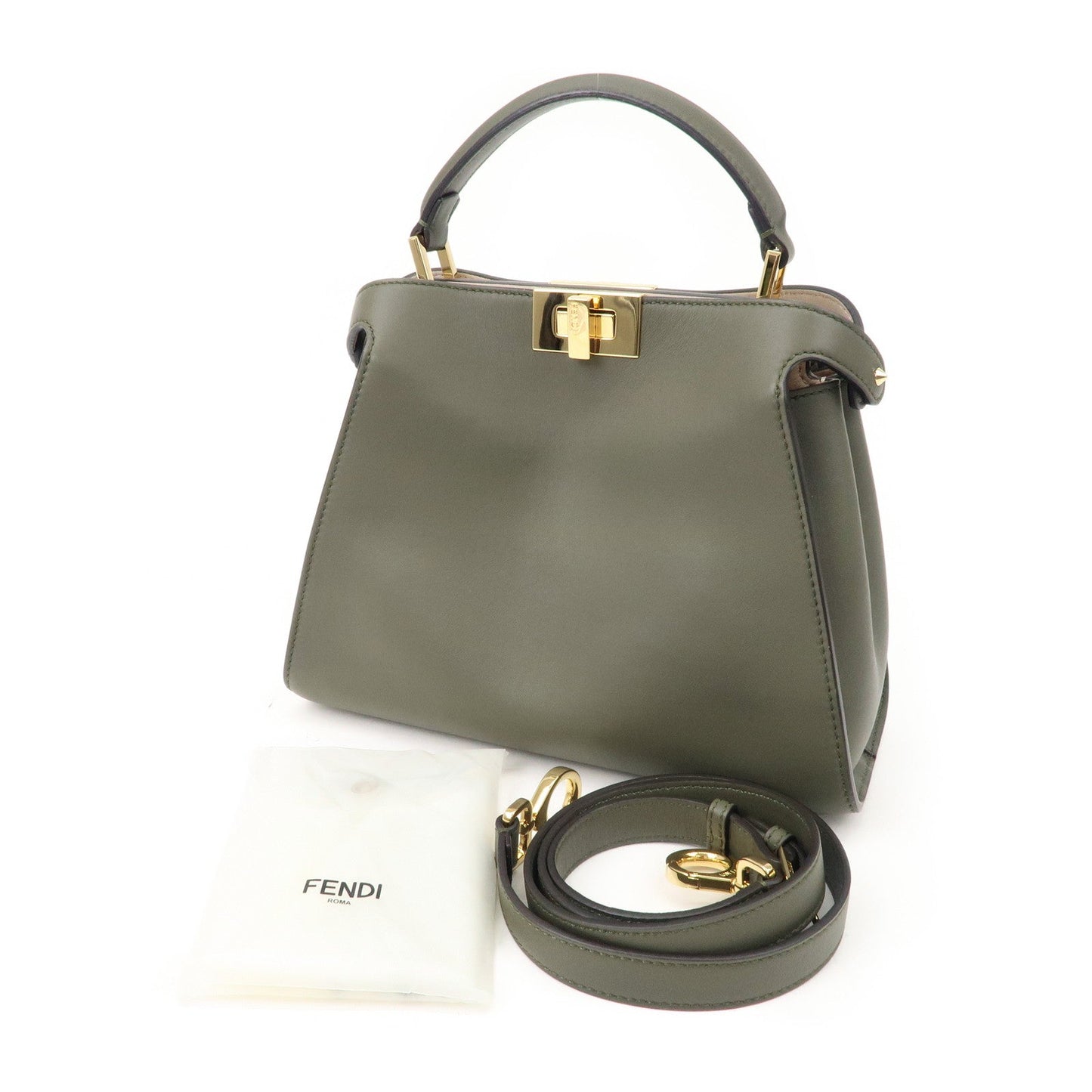 Auth FENDI Peekaboo Iconic Essentially Leather 2Way Bag Khaki 8BN302 Used F/S