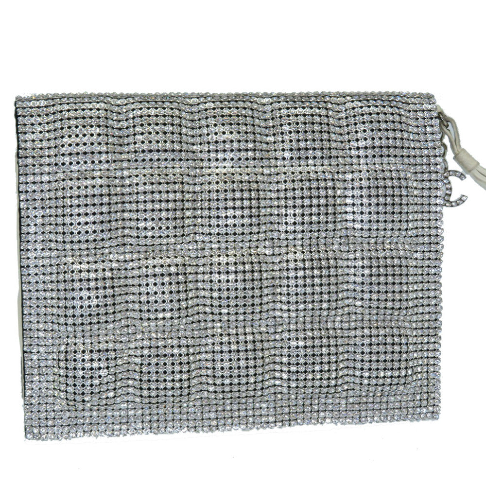 CHANEL Clutch bag Swarovski, Leather Silver rhinestone clutch bag Women Used