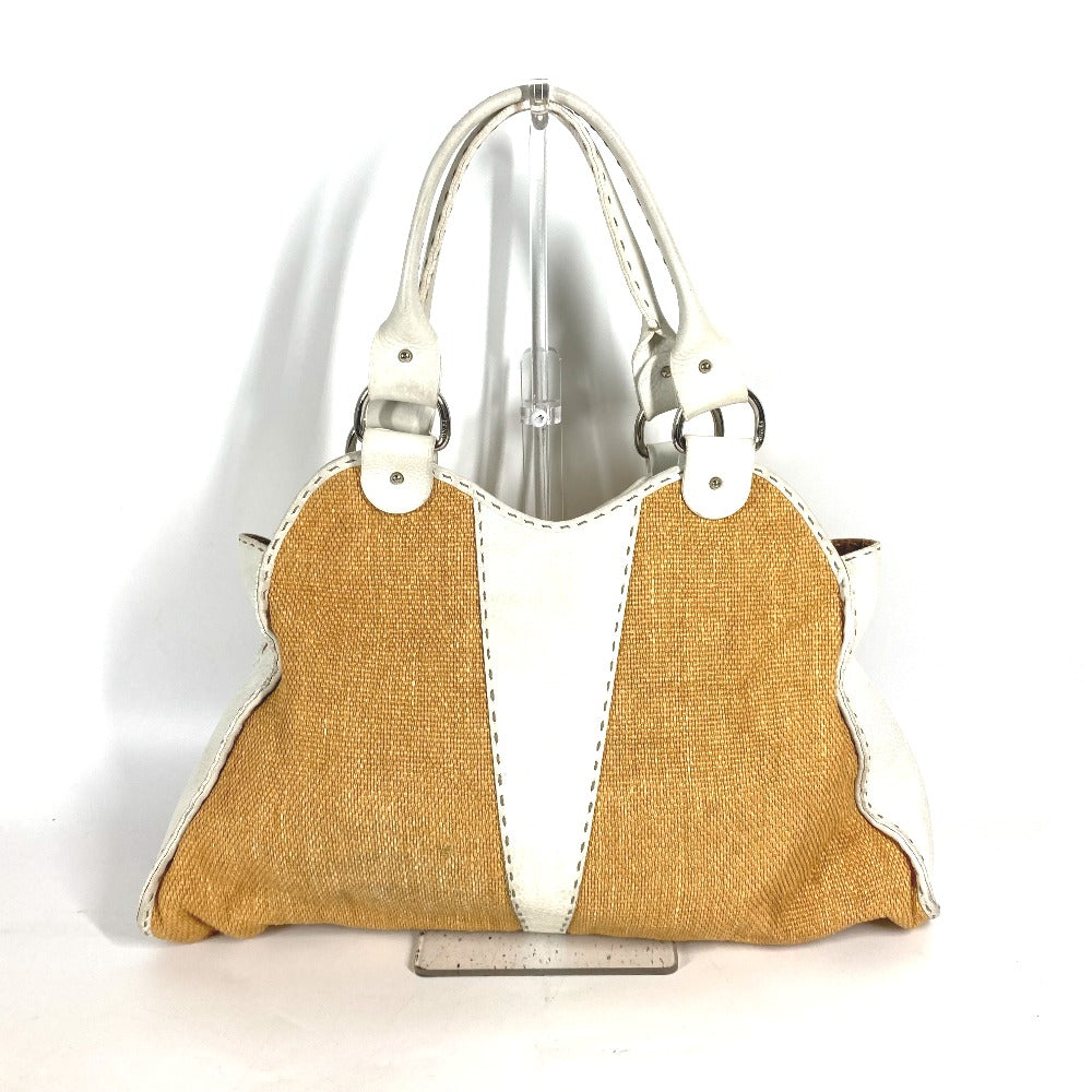 FENDI Shoulder Bag Straw, Leather beige Beach Bag Summer Bag logo selleria