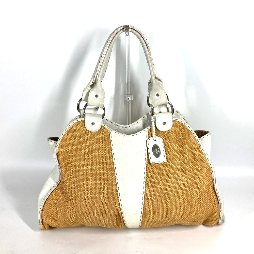 FENDI Shoulder Bag Straw, Leather beige Beach Bag Summer Bag logo selleria