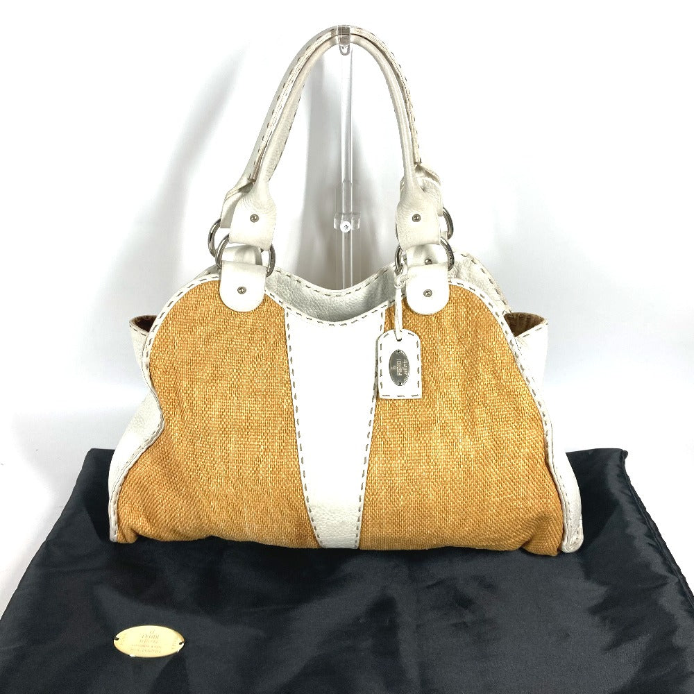 FENDI Shoulder Bag Straw, Leather beige Beach Bag Summer Bag logo selleria