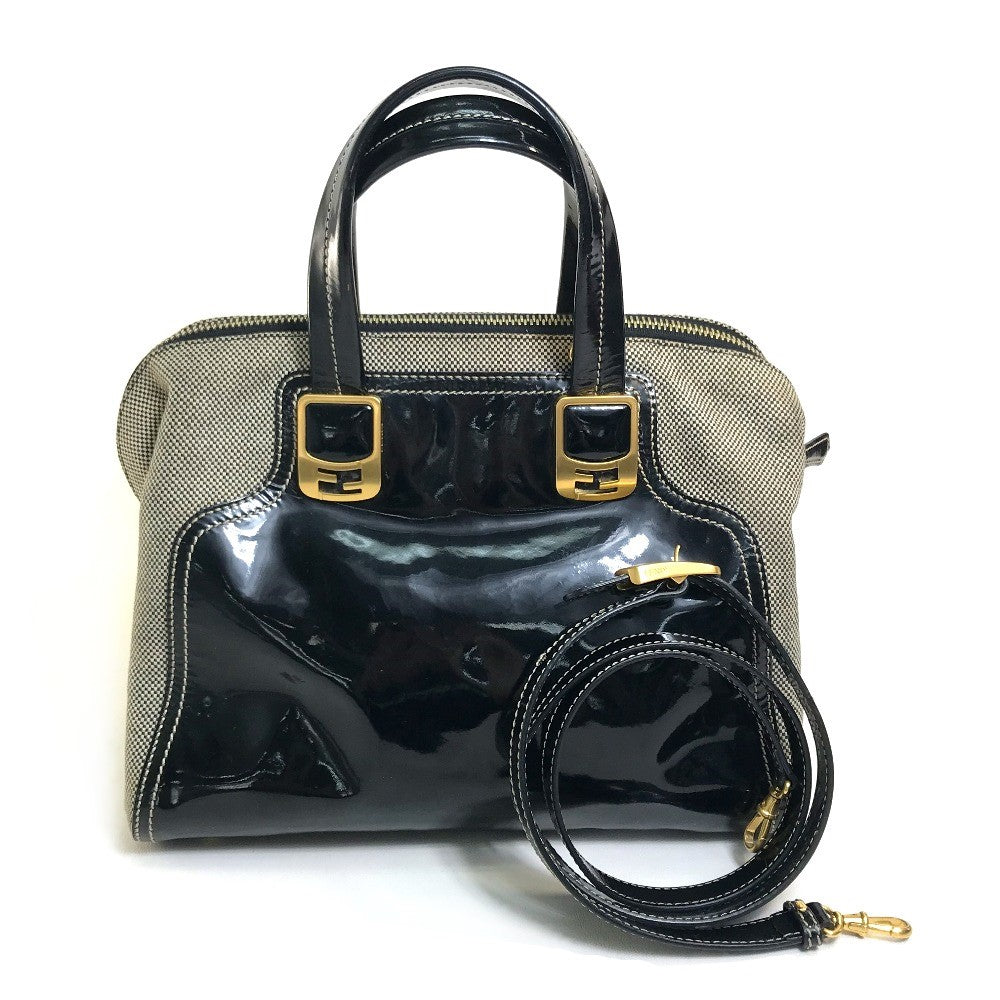 FENDI Handbag Canvas / patent leather Black type Enamel Crossbody Shoulder chameleon Women Used