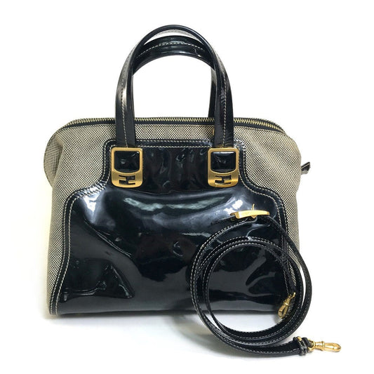 FENDI Handbag Canvas / patent leather Black type Enamel Crossbody Shoulder chameleon Women Used