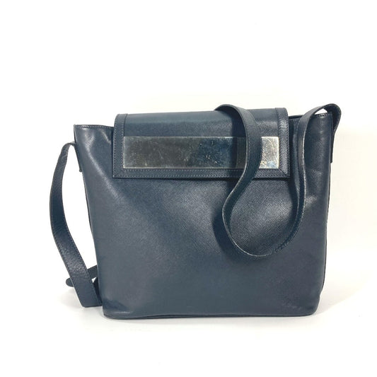 FENDI Shoulder Bag leather Navy Metal plate logo