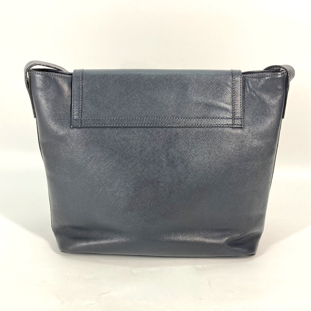 FENDI Shoulder Bag leather Navy Metal plate logo