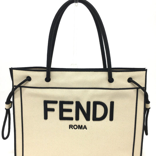 FENDI Tote Bag 8BH379 canvas Beige x black logo rome shopper Women Used