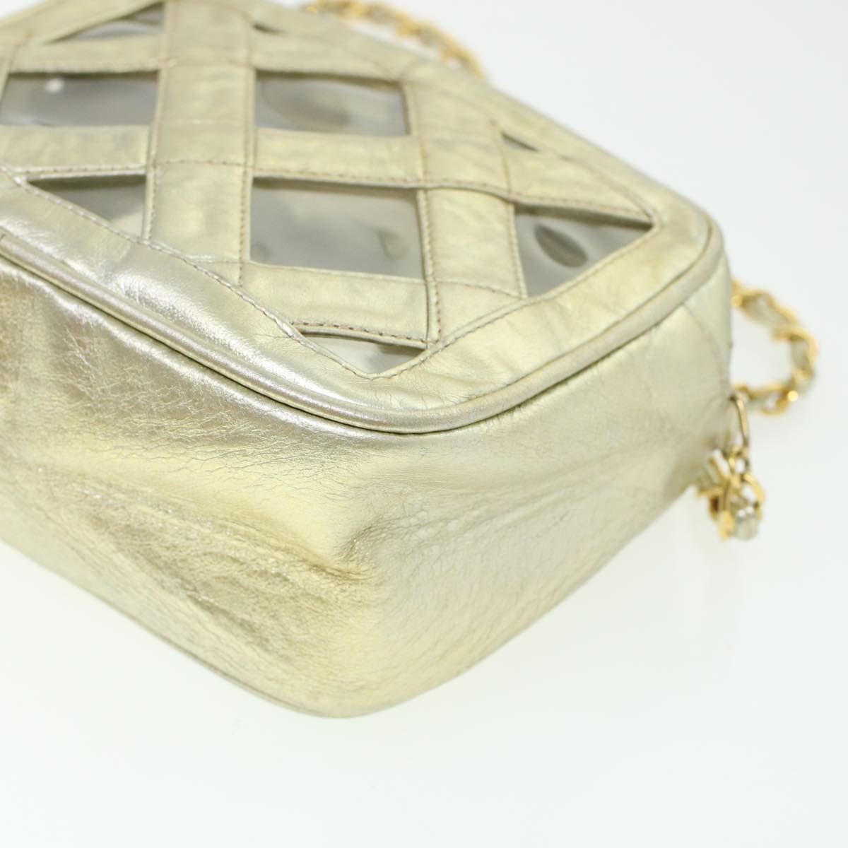 CHANEL Fringe Chain Shoulder Bag Lamb Skin Gold CC Auth 44673