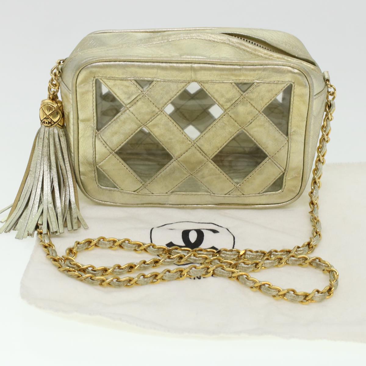 CHANEL Fringe Chain Shoulder Bag Lamb Skin Gold CC Auth 44673